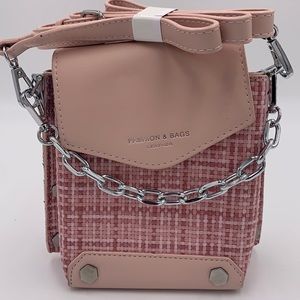 Baby Pink Mini Tweed Plaid Faux Leather Silver Chain Studded Tiny Structured Bag